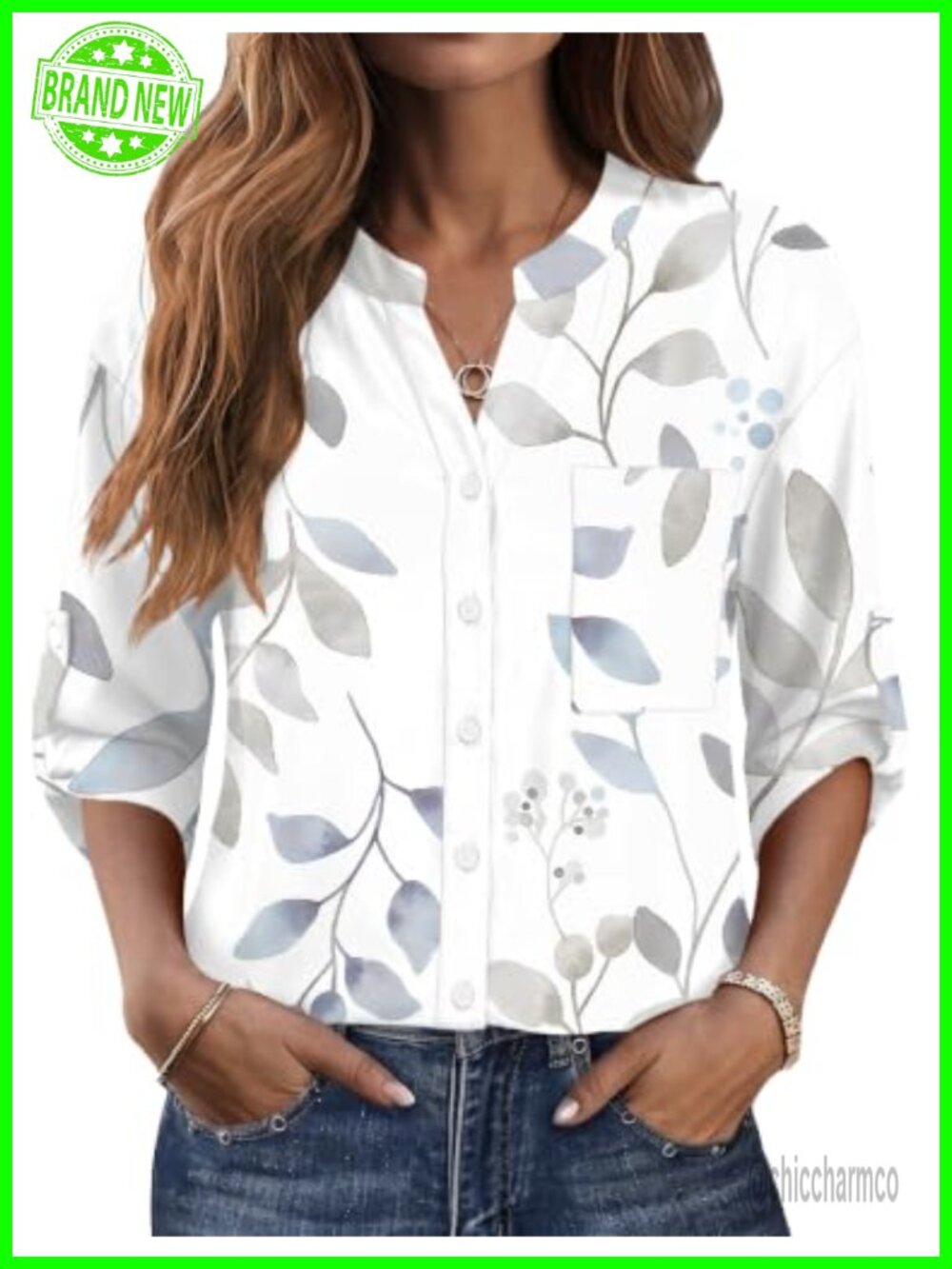 Women's Button Down Shirt 3/4 Sleeve V-Neck Floral Work Blouse